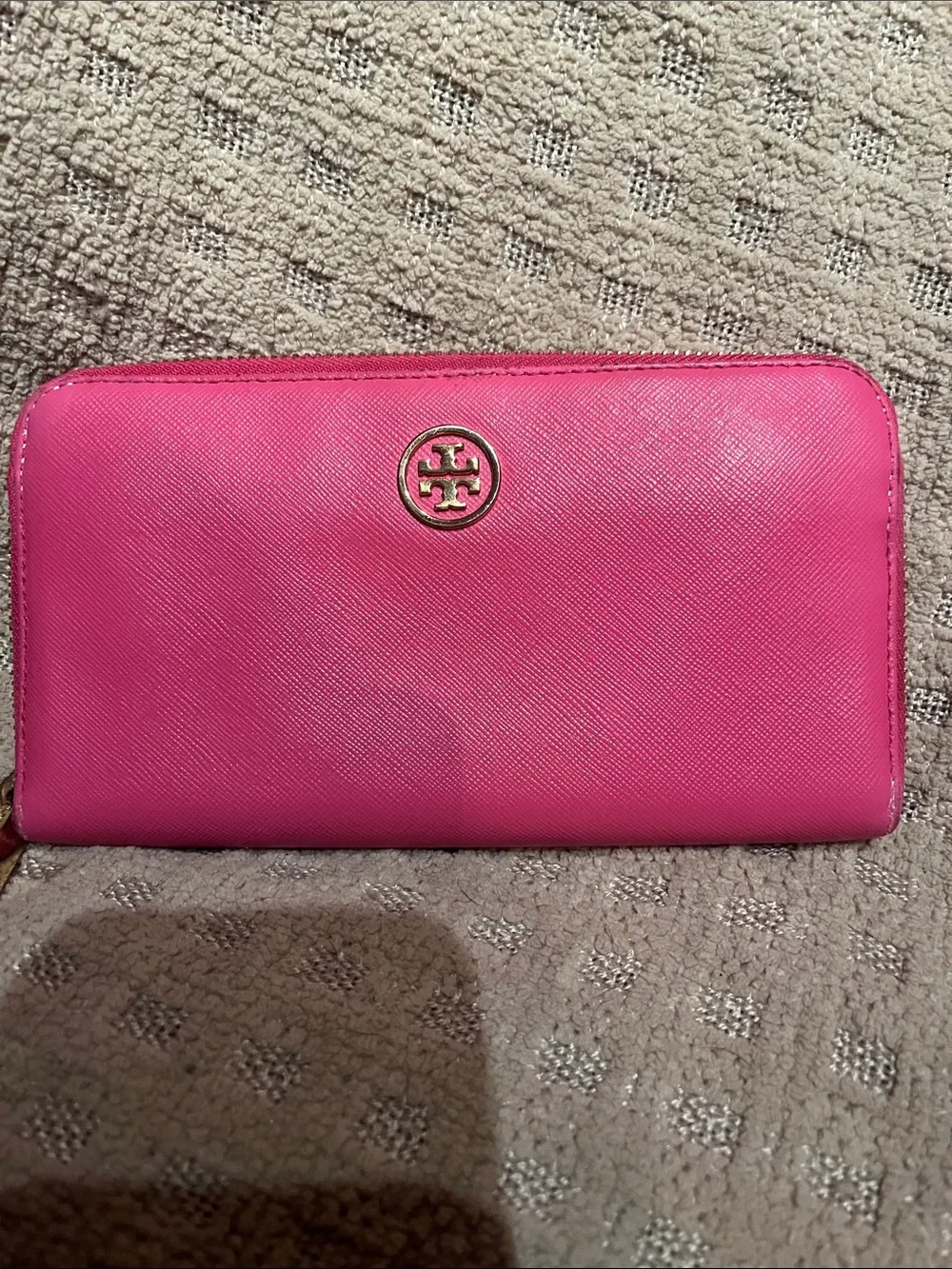 Tory Burch Hot Pink Zip-Around Saffiano Wallet with Logo